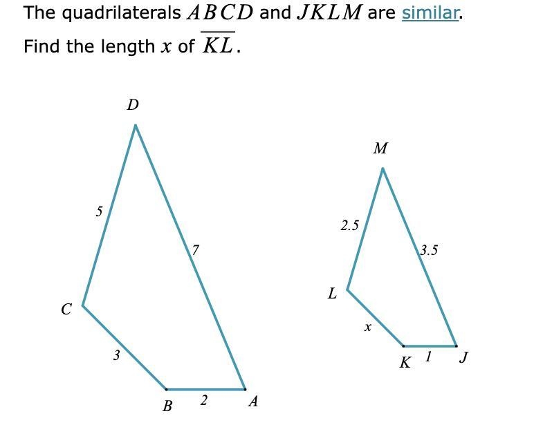 The quadrilaterals ABCD and JKLM are similar. Find the length of x of KL sorry if-example-1