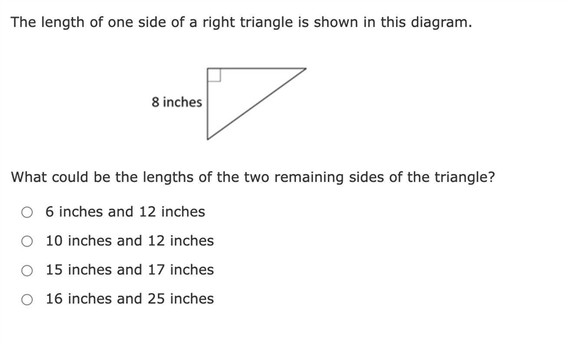 The length of one side of a right triangle is shown in this diagram.What could be-example-1