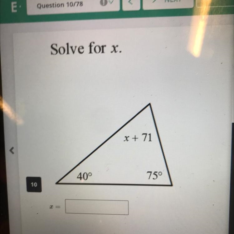 Solve for x. 40° x + 71 75°-example-1