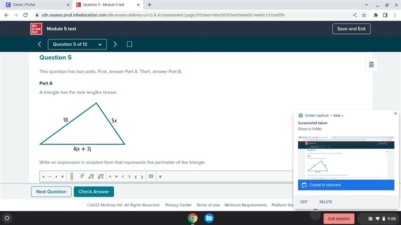 Help.: 'A triangle has the side lengths shown.' 'Write an expression in simplest form-example-1