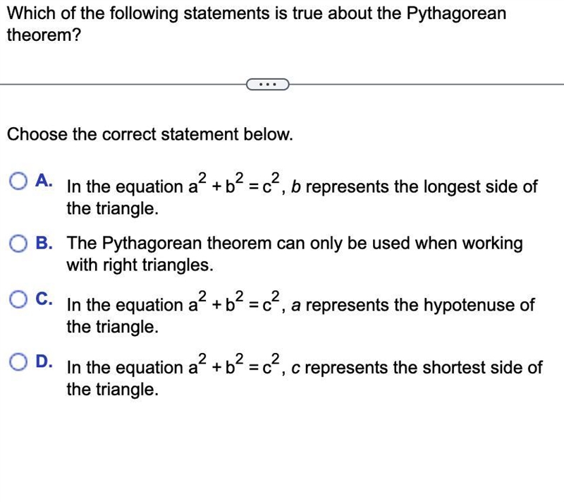 Which of the following statements is true about the Pythagorean theorem? Choose the-example-1