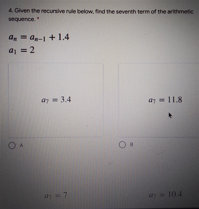 4. Given the recursive rule below, obtain the seventh term of the arithmetic sequence-example-1