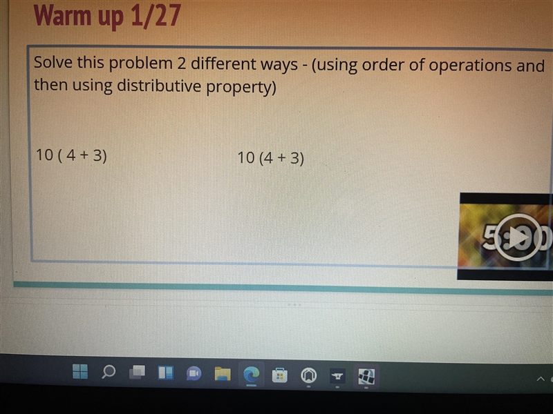 Please help 10( 4 + 3) Solve this problem using distributive property than order of-example-1