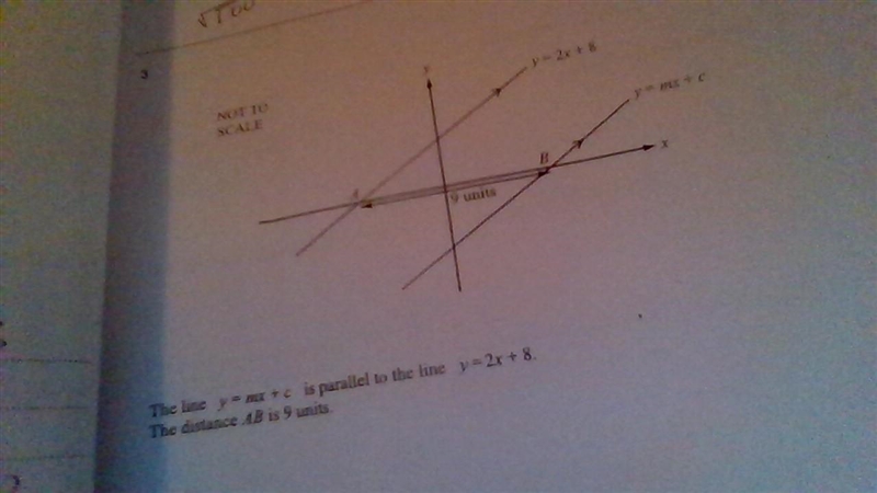 The line y= mx + c is parrallel to the line y=2x + 8 The distance AB is 9 units Find-example-1