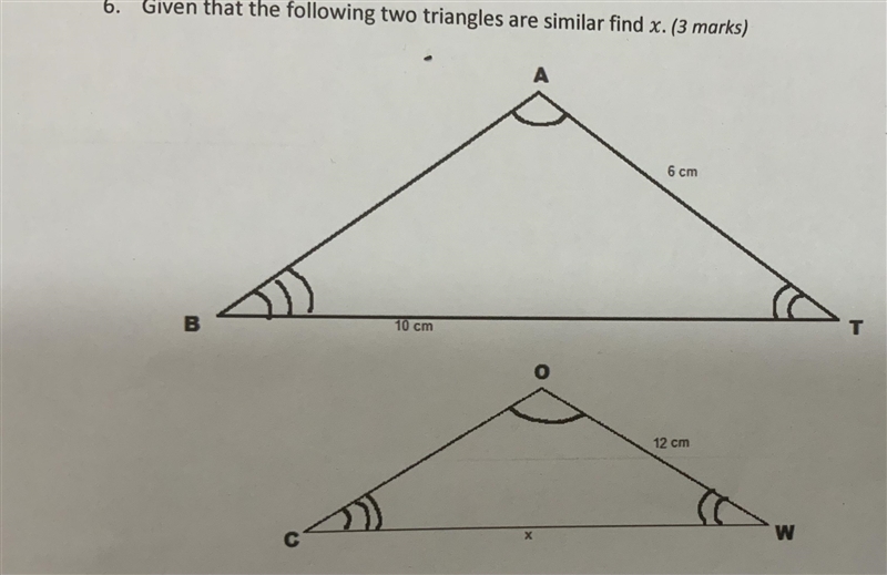 Given that the following two triangles are similar find x-example-1