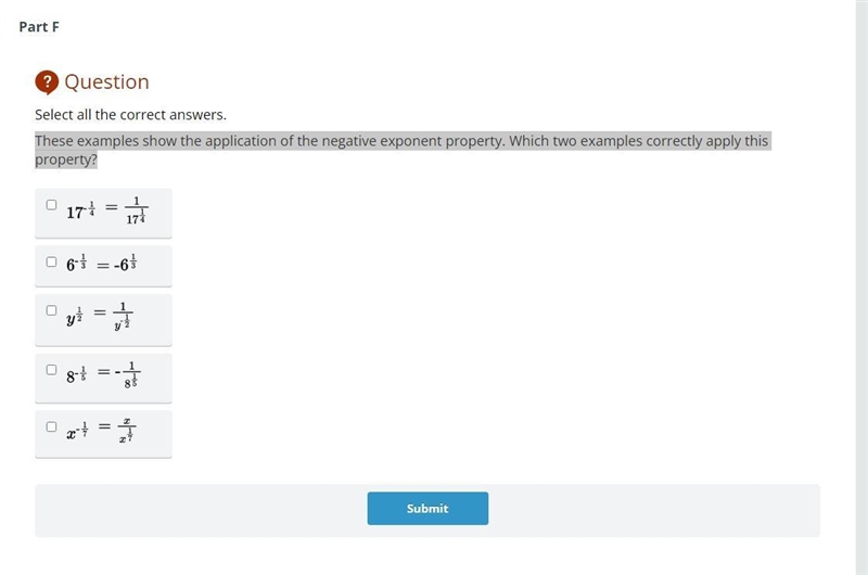 HELP IM STRUGGLING These examples show the application of the negative exponent property-example-1