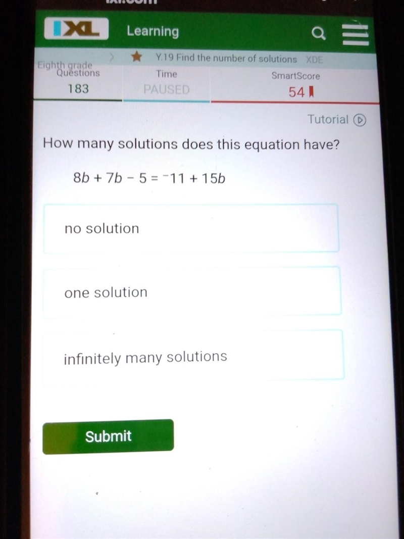 How many solutions does 8B + 7v - 5 equals -11 + 15b​-example-1