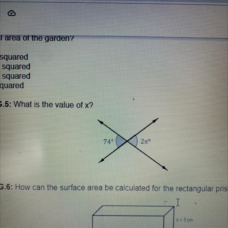 2. MGSE7.G.5: What is the value of x? A. 74° B. 148° C. 37° 74€ D. 106°-example-1