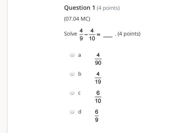 Question 1 Answer Solve 4/9 - 4/10-example-1