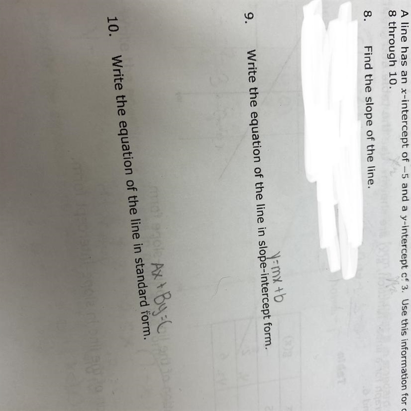 Line has an x-intercept of -5 and a y-intercept of 3. Use this information for questions-example-1