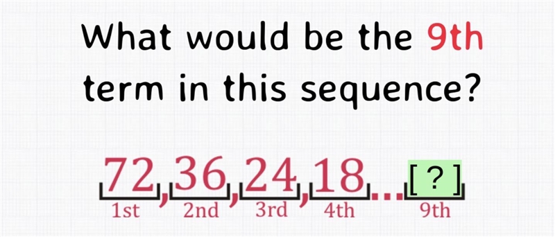 What would be the 9th term in this sequence? 1st. 2nd. 3rd. 4th. …. 9th 72. 36. 24. 18. [?]-example-1