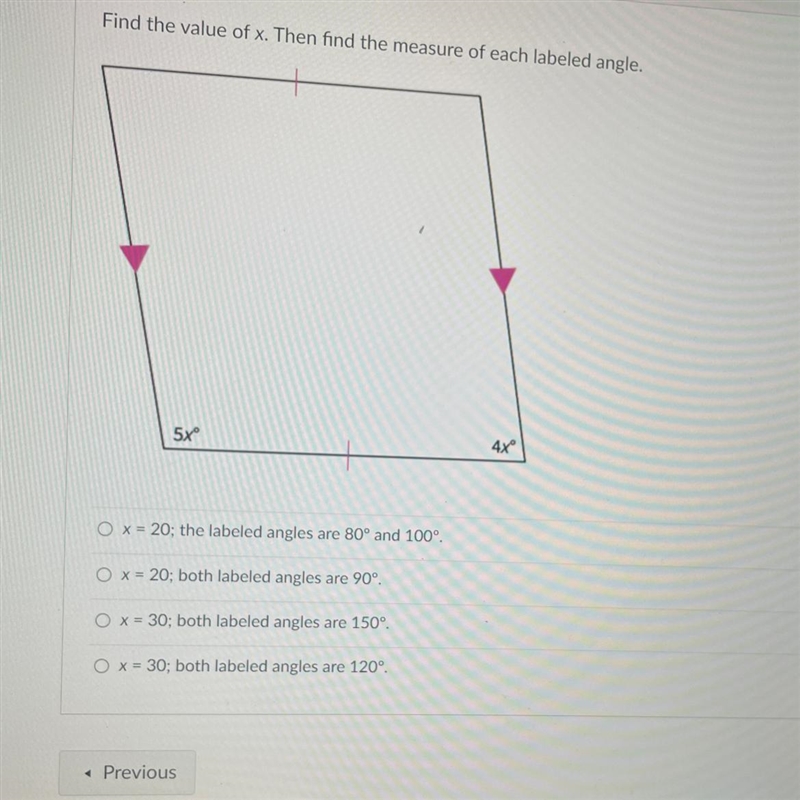 Find the value of x. Then find the measure of each labeled angle.-example-1