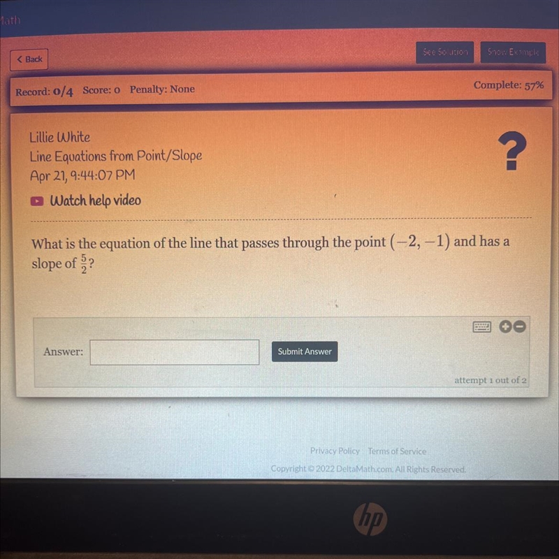 What is the equation of the line that passes through the point (-2, 1) and has a slope-example-1