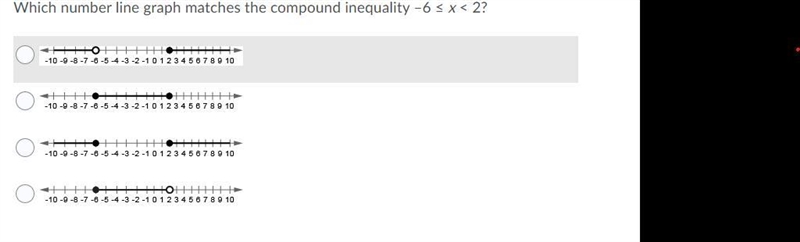 Which number line graph represents the compound inequality –6 ≤ x < 2-example-1