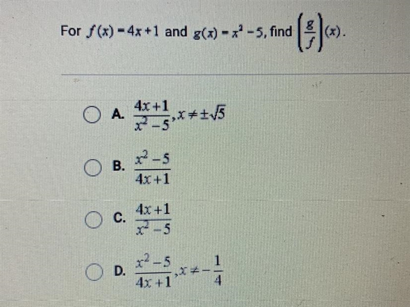 For f(x) - 4x +1 and g(x) -7° -5, findStina (1)8(x).4x+1O A.**tv5B.x2-54x +1C.4x +1R-example-1