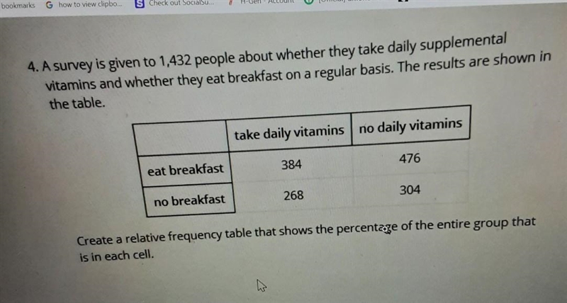 create a relative frequency table that shows the percentage of the entire group that-example-1