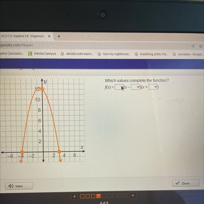 Which values complete the function? f(x)=_(x-_)(x+_)-example-1