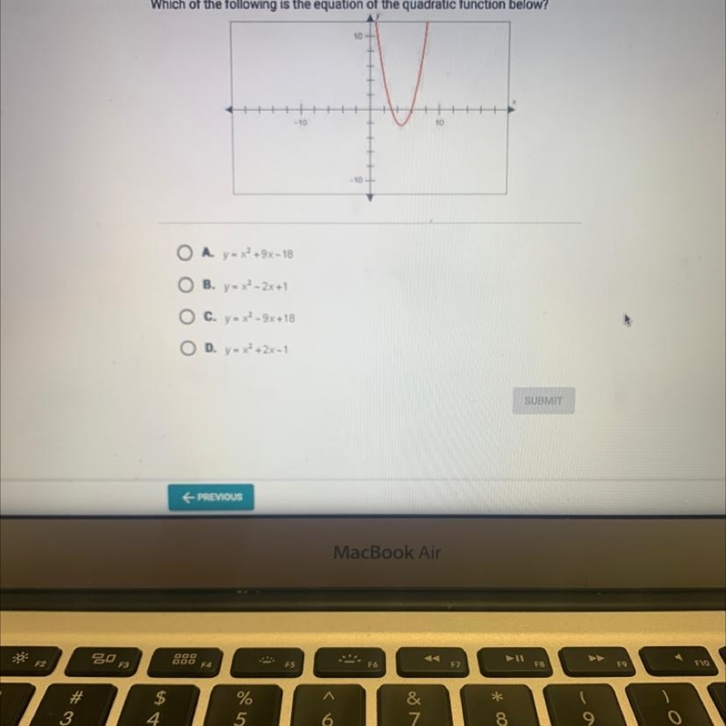 Which of the following is the equation of the quadratic function below? 10 -10 10 O-example-1