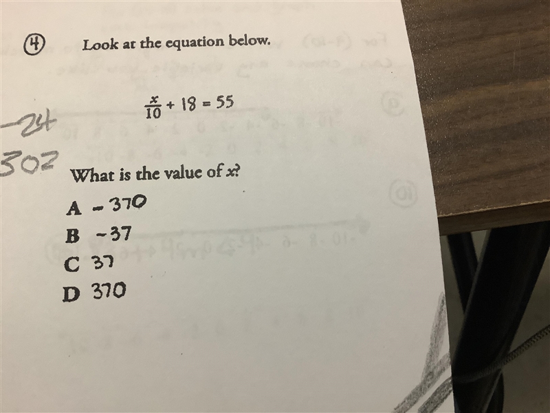 Look at the equation below X/10 + 18 = 55 What is the value of x-example-1