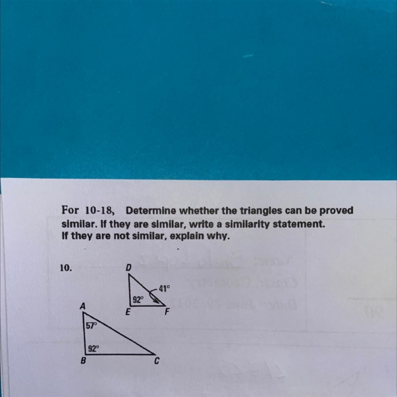 For 10-18, Determine whether the triangles can be proved similar. If they are similar-example-1