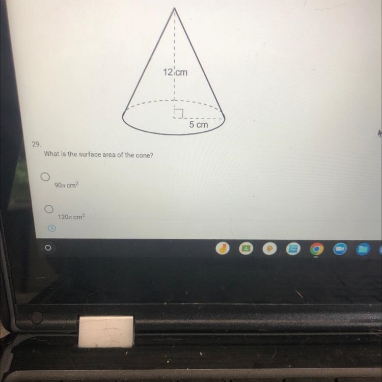 29.What is the surface area of the cone?90 cm²1207 cm²12 cm5 cm-example-1