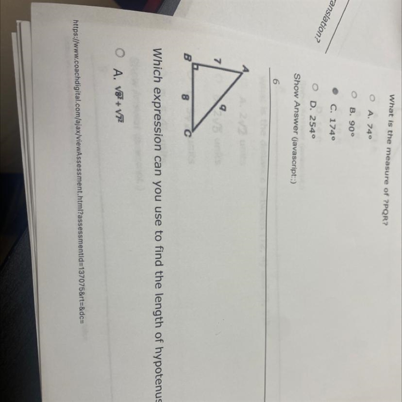 7 B q с Which expression can you use to find the length of hypotenuse q?-example-1