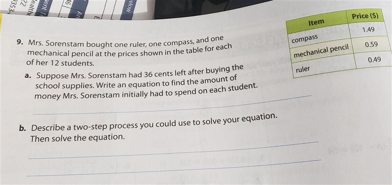 9. Mrs. Sorenstam bought one ruler, one compass, and one mechanical pencil at the-example-1