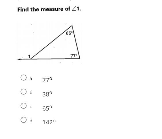 Find the measure of <1 A. 77 degree B. 38 degree C. 65 degree D. 142 degree Please-example-1