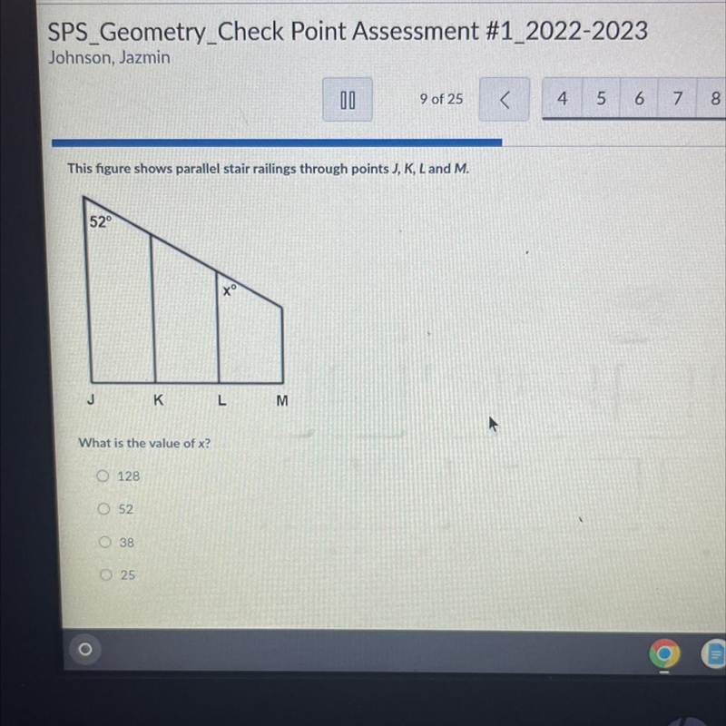 This figure shows parallel stair railings through points J,K,L and M. What is the-example-1