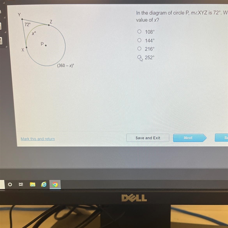 In the diagram of circle P, mXYZ is 72. What is the value of x-example-1