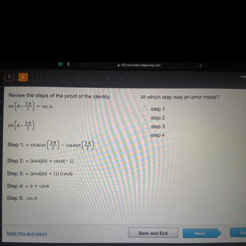 Review the steps of the proof of the identity At which step was an error made? sin-example-1