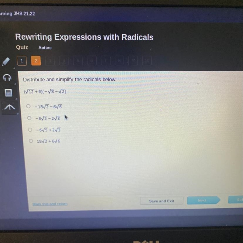 Distribute and simplify these radicals. 23.672 +13) 2/5 + 6 215 30 0 6√2+6-example-1