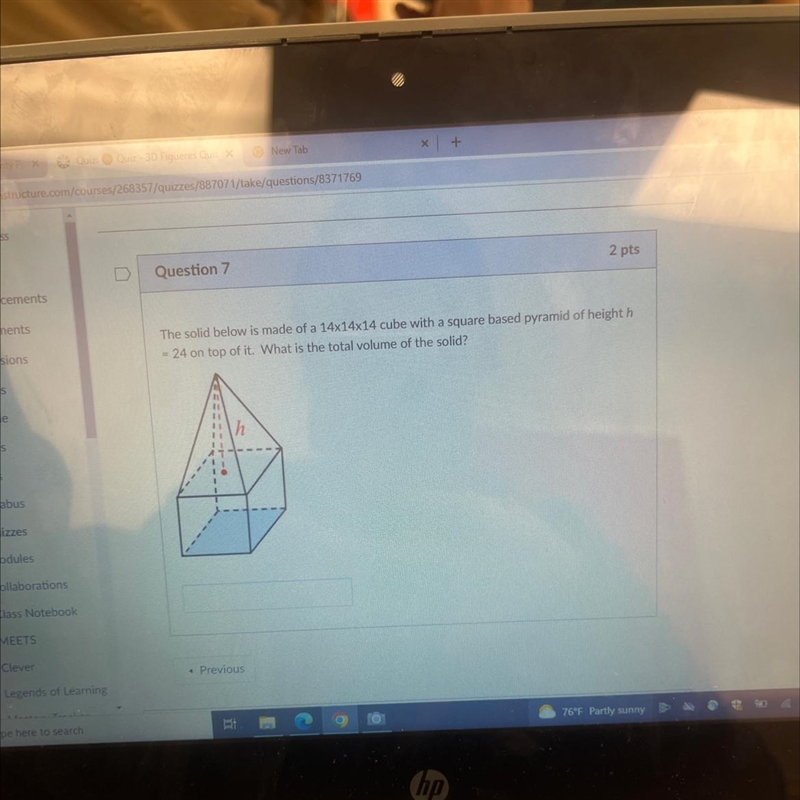 The solid below is made of a 14x14x14 cube with a square based pyramid of height h-example-1