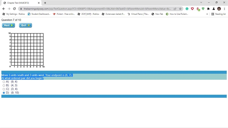 Move 3 units south and 3 units west. Your endpoint is (6, 7). At what ordered pair-example-1