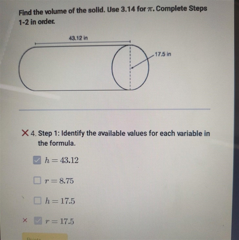 Find the volume of the solid. Use 3.14 for π.​-example-1