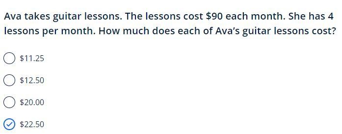 Ava takes guitar lessons. The lessons cost $90 each month. She has 4 lessons per month-example-1