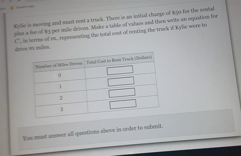 Kylie's moving and must rent a truck. There is an initial charge of $50 for the rental-example-1