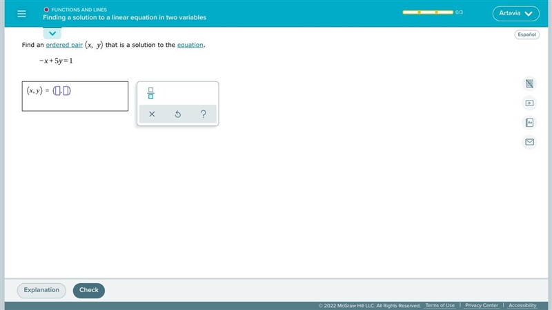 Find an ordered pair that is a solution to the equation.-example-1