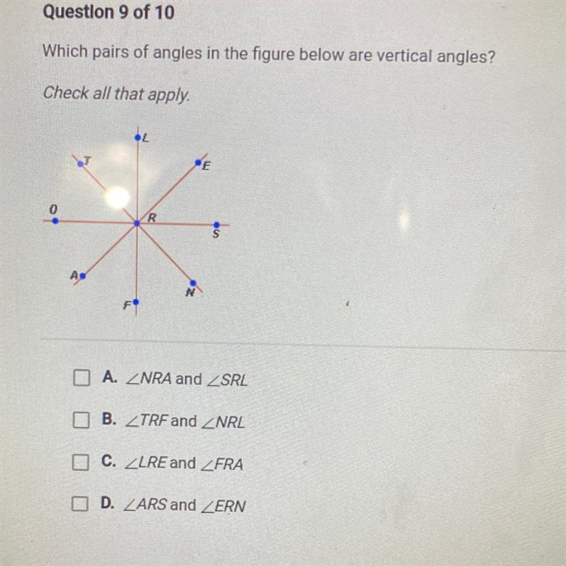 Question 9 of 10 Which pairs of angles in the figure below are vertical angles? Check-example-1