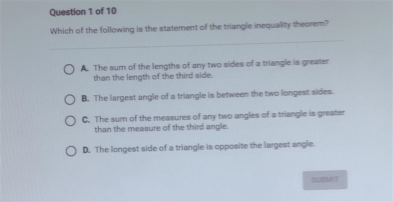 Which of the following is a statement of the triangle inequality theorem​-example-1