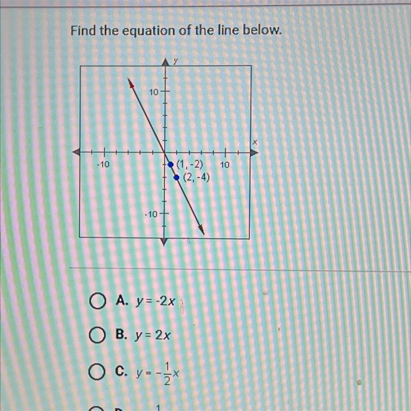 O -10 -10 O A. y=-2x OB. y = 2x O C. y--1x OD. y=x in (1,-2) (2,-4) 10 C 4-example-1