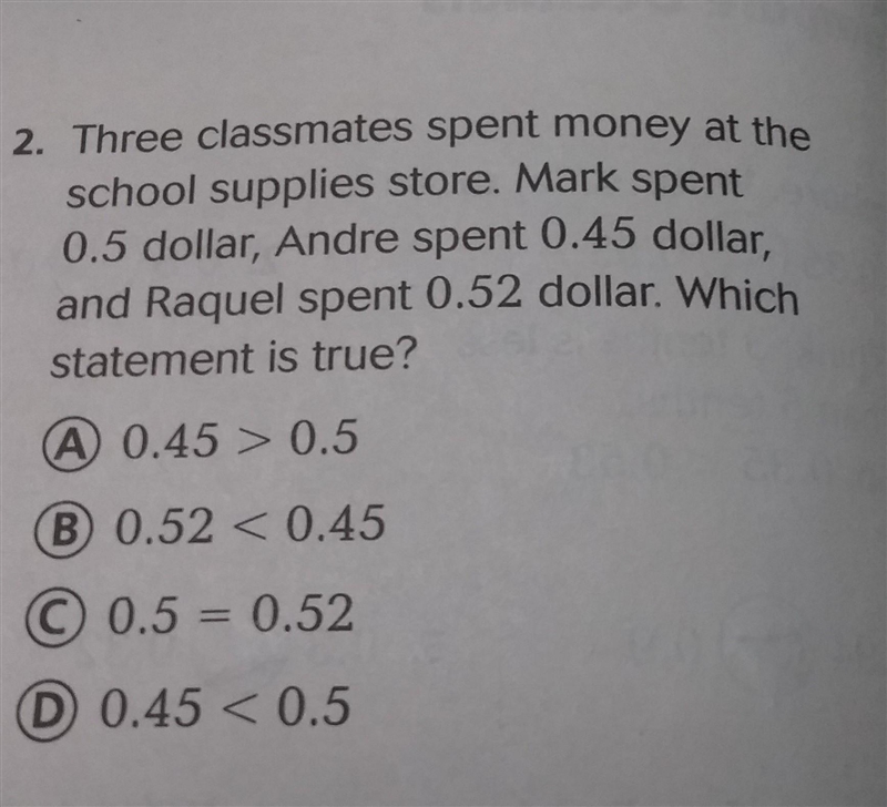 Three classmates spent money at the school supplies store. Mark spent 0.5 dollar, Andre-example-1