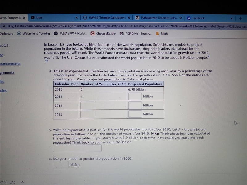 B. Write an exponential equation for the world population growth after 2010. Let P-example-1