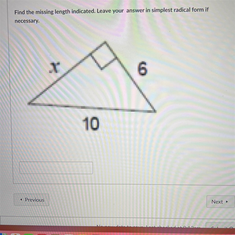 Find the missing length indicated. Leave your answer in simplest radical form if necessary-example-1