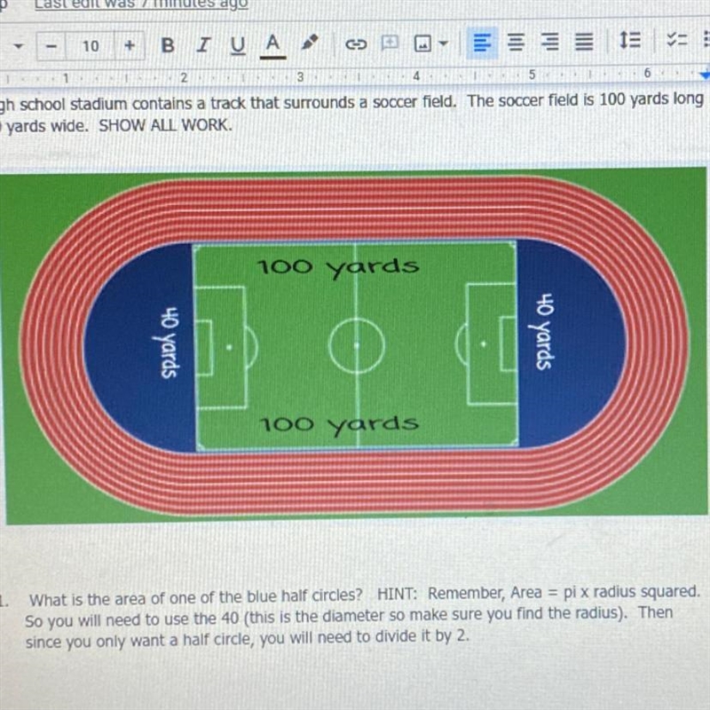 100 yards 40 yards 40 yards 100 yards 1. What is the area of one of the blue half-example-1