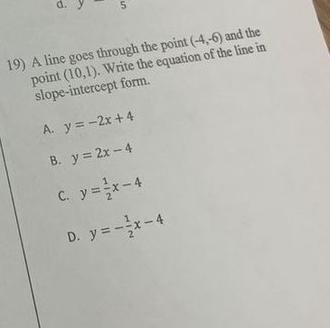 A like goes through the point (-4,-6) and the point (10,1) write the equation of the-example-1