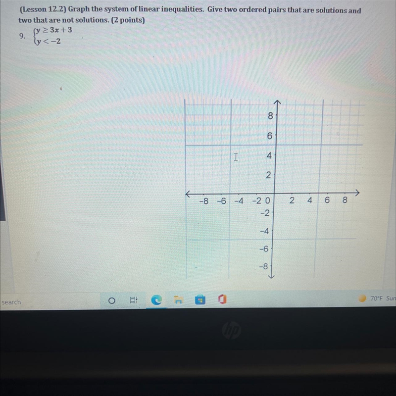 (Lesson 12.2) Graph the system of linear inequalities. Give two ordered pairs that-example-1