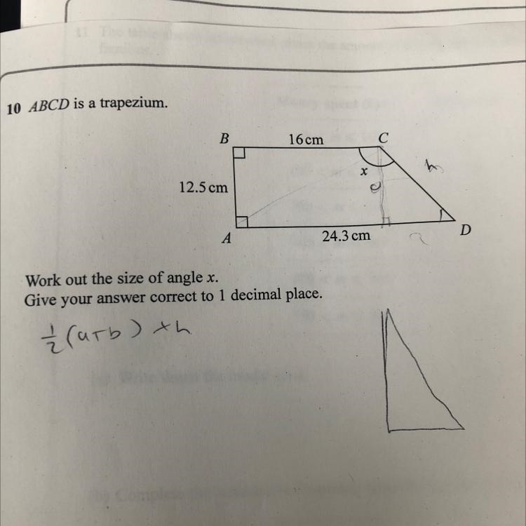 10 ABCD is a trapezium. B 16 cm C х 12.5 cm D A 24.3 cm Work out the size of angle-example-1