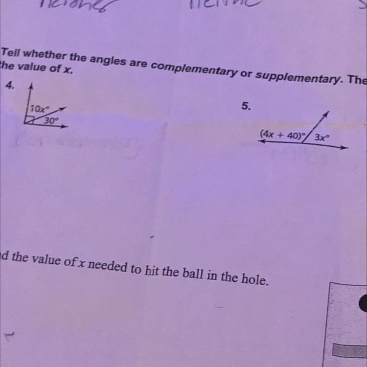 Tell whether the angles are complementary or supplementary. Then fir the value of-example-1