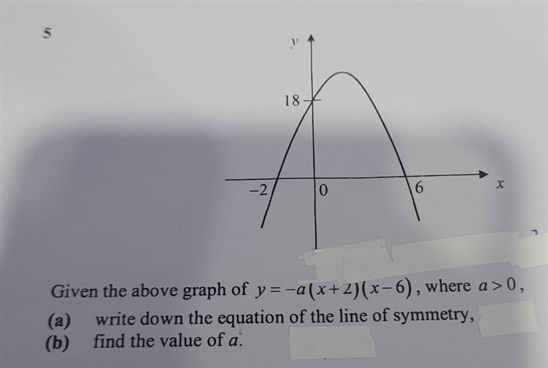 Given the above graph of y=-a(x+2)(x-6), where a>0, (a) write down the equation-example-1